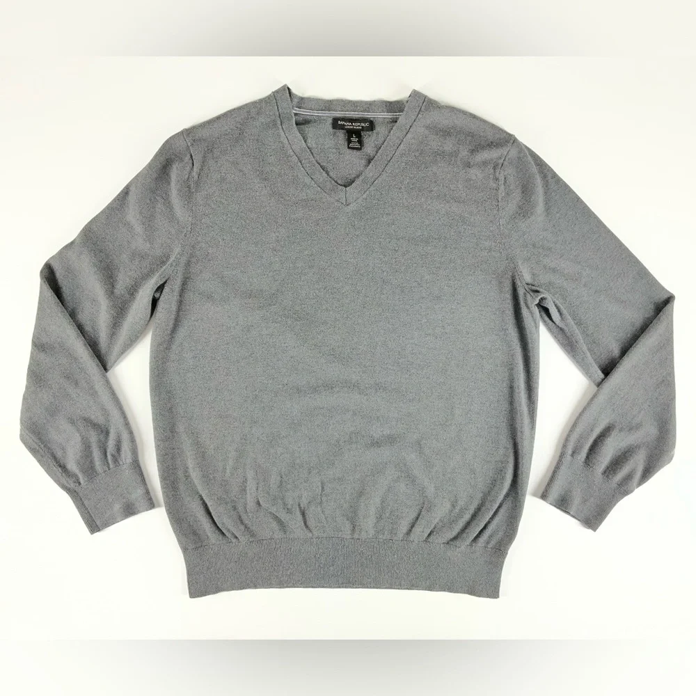 Banana Republic Luxury Blend Silk Cotton Cashmere Gray V-Neck Sweater Mens Large